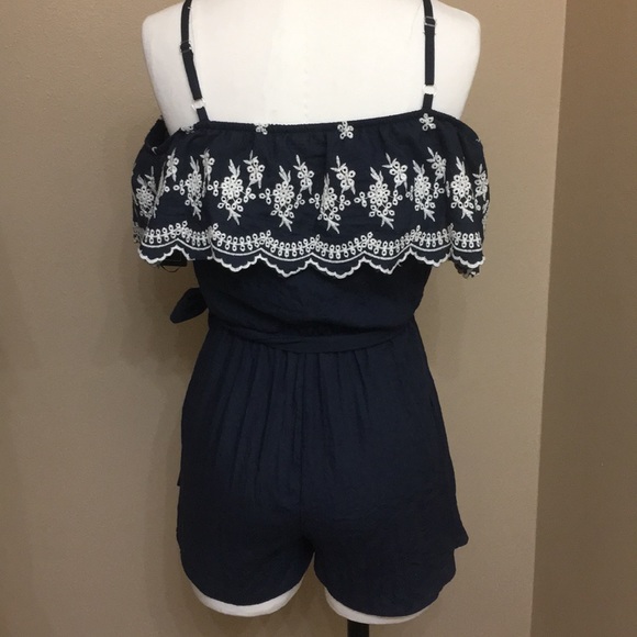 NWT A. BYER blue off the shoulder strap romper - Picture 3 of 13